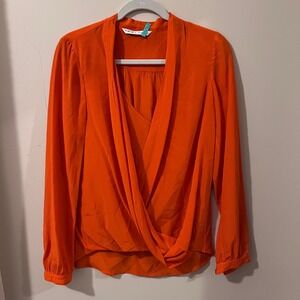 Trina Turk Silk Blouse Long Sleeve Drape Front Top Burnt Orange Size S‎
